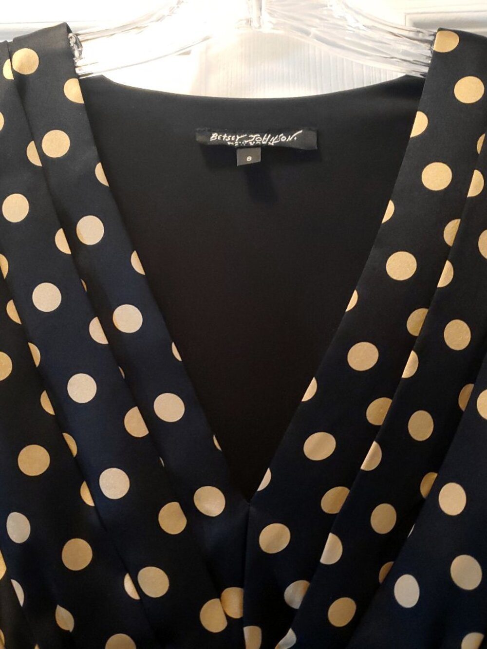 Betsey Johnson Silk Polka Dot Cap Sleeve Dress Black Tan Size 8 - Picture 3 of 5